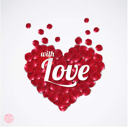 With love against rose petals with heart shape isolated white background, vector illustrationのイラスト素材