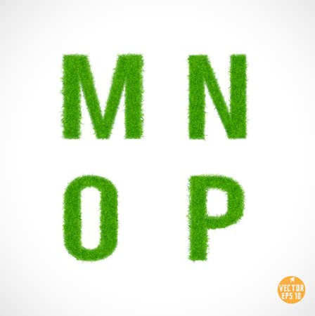 Set of font  M, N, O, P uppercase with grass textured isolated white background, vector illustration のイラスト素材