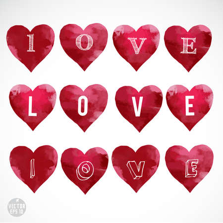 set of love letter on heart with watercolor textured isolated, illustrationのイラスト素材
