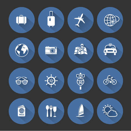 Modern travel flat icons collection with long shadow, vector illustrationのイラスト素材