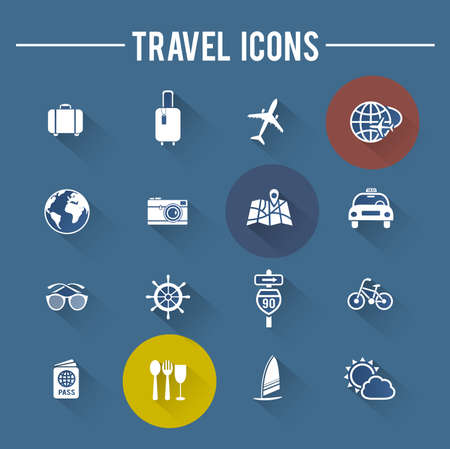Modern travel flat icons collection with long shadow, vector illustrationのイラスト素材