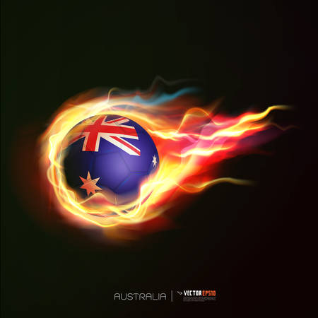 Australia flag with flying soccer ball on fire isolated black backgroundのイラスト素材