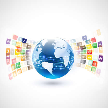World with variety icons background for travel and communication concept, vector illustration のイラスト素材