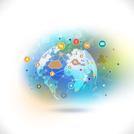 futuristic world with colorful media network symbol for communication  technology business concept isolate white background, vector illustrationのイラスト素材