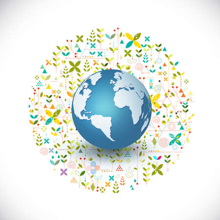 world nature ecology concept with creative geometrical and leaves silhouettes background, vector illustrationのイラスト素材