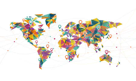 world map mesh connecting global concept with colorful triangle, geometric and dots line, vectorのイラスト素材