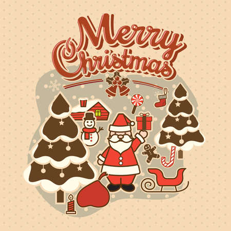 Merry Christmas vintage background with Typography and Christmas decoration, Lettering. Greeting card, vector illustrationのイラスト素材