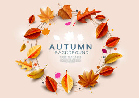 Autumn background with gold leaves circle decorate center space for shopping sale or promotion poster, leaflet, greeting card and festival invitation. Vector illustration.のイラスト素材
