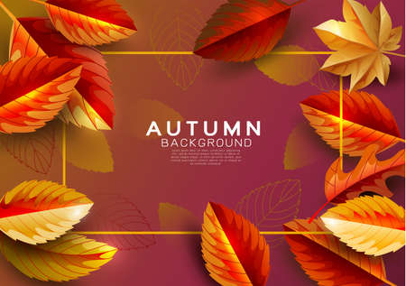 Autumn background decorate with fall leaves and space text. Autumn luxury template for shopping sale promotion, poster, leaflet, web banner, greeting card and festival invitation. Vector illustration.のイラスト素材