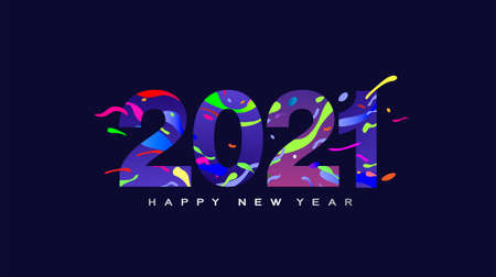 2021 calligraphy with abstract colorful fluid shapes on background of Happy New Year celebration for...