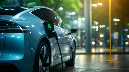 Electrifying Future: EV Car Plug-In at Charging Station with Battery Status Hologram in Green Park â Pioneering Eco Lifestyle and Sustainable Urban Living with Clean Energy Utilizationの素材