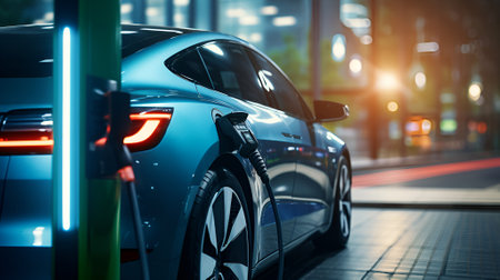 Electrifying Future: EV Car Plug-In at Charging Station with Battery Status Hologram in Green Park â Pioneering Eco Lifestyle and Sustainable Urban Living with Clean Energy Utilizationの素材