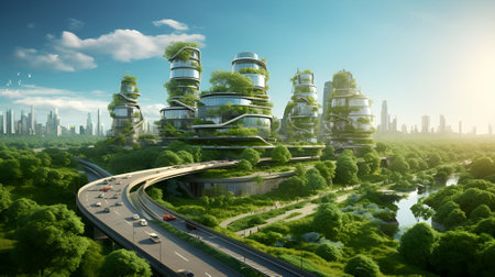 Green Oasis in the Modern Metropolis: Eco-Futuristic Cityscape 3D Illustration with Copy Spaceの素材