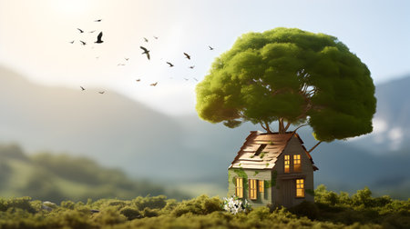 A little Wooden Eco House on the green grass and landscape view background, concept of environment conservation, protect ecology earth and environmental eco-friendly life and copy spaceの素材
