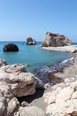 General view on rock of Aphrodite. The well-known birthplace of the goddess of Aphrodite in Pathos, Cyprus (Petra tou Romiou)の写真素材