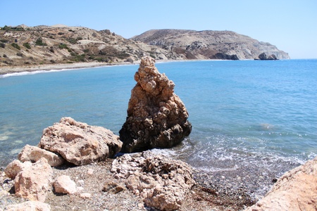 View on a gulf from other side of Rock of Aphrodite. Petra tou Romiou, Paphos, Cyprusの写真素材