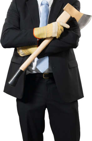 businessman ready to put an axe to work and chop to make the business healthyの写真素材