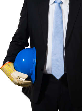 The white collar engineer with a blue helmet under his arms ready to do the jobの写真素材