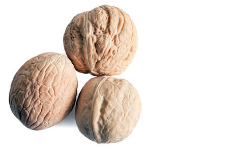 three walwalnuts image from above, isolated with space for textnuts on a white backgroundの写真素材