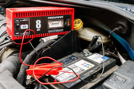 private estate Lithuania August 20-2020, electric automatic battery charger 8 AMP, powered by 230v mainsのeditorial素材