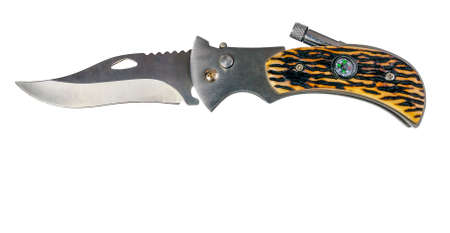 Hunting knife with compass and flashlight isolated on a white background, space for text