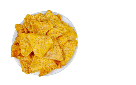 bunch of corn crisp tomatoes flavored isolate on white background top view with space for text