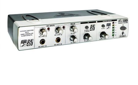 Mini mix for karaoke with voice cancellation and white background effects, copy space side view. City Panevezys Lithuania mini house studio August 26, 2021