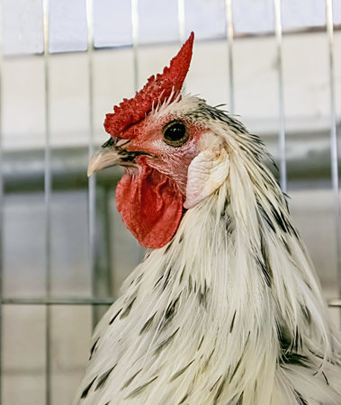 Portrait of a rooster in a cage during the exhibitionの写真素材