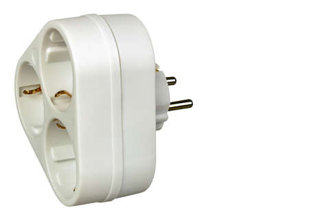 The white three-pronged socket adapter with grounding is isolated on a white background