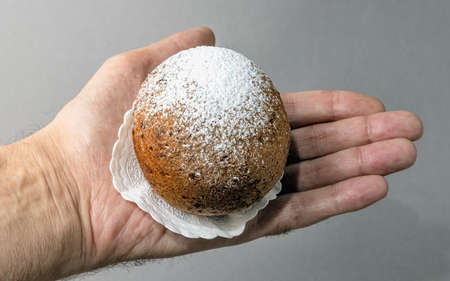 View from above of a Lithuanian large donut in the palm of your hand against a gray background