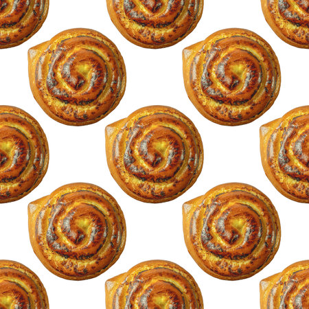 Yeast dough bun with cottage cheese filling on a white background isolated as a patternの写真素材