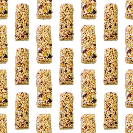 Cereal bars with wild berries and yogurt frosting as a seamless pattern on a white background isolatedの写真素材