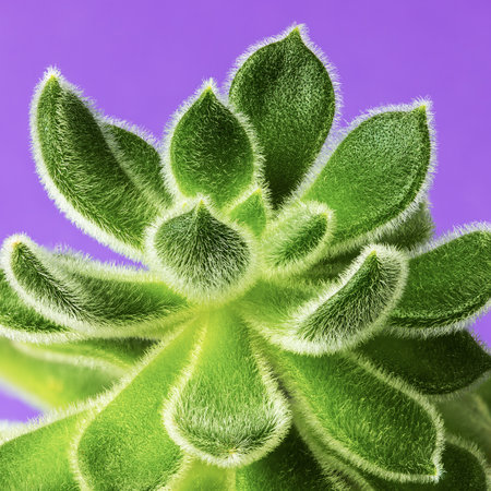 Succulent plant with hairy leaves, echeveria cactus, on purple background macro view from above, natural lightingの写真素材