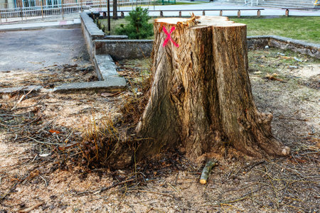 In the early spring, a maple tree marked for removal was cut down in the city areaの写真素材