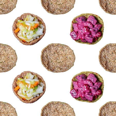 Rye bread toast with garlic and vegetable filling on a white background isolated as a seamless patternの写真素材