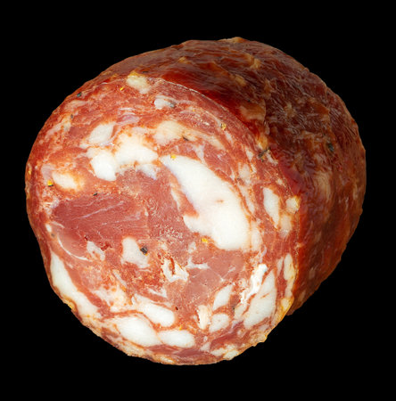 Traditional Lithuanian food, cold smoked Lithuanian sausage isolated on black background