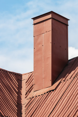 Old tinned and painted brick house chimney on slate roof against sky backgroundの写真素材