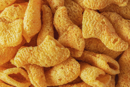 Pile of ham flavored crispy snacks as background with texture close up
