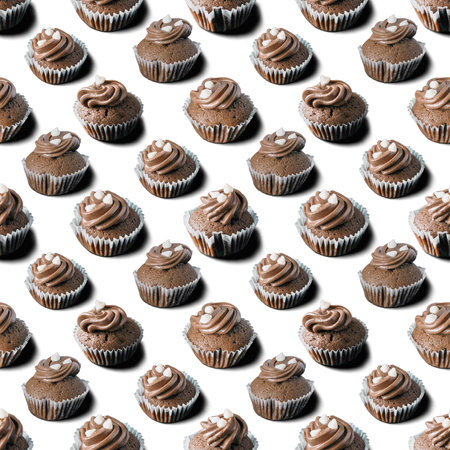 Homemade chocolate cupcakes with decorations isolated on white background as a seamless patternの写真素材