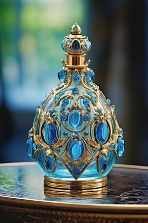 A close-up of a teal perfume bottle with gold accents to showcase luxury fragrances. Its elegant design makes it an ideal choice for showcasing high-end perfumes. Generated by AIの写真素材