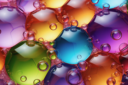 Vibrant Colorful Art. Red, Purple, Yellow, Green Oil on Water, Abstract Bubbles Painting
