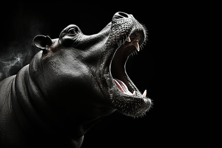 Hippo with wide open mouth. A mesmerizing view of wildlife at night showcasing majestic and powerful animals. Generative AIの写真素材