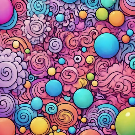 Pattern with colorful balls and swirls. Vector illustrationの素材