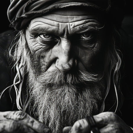 Black and white close-up portrait of an elderly homeless man on a dark background. Generative AIの素材
