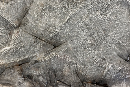 Delicate frost formations blanket a frozen surface, showing intricate patterns under soft, natural light on a cold winter morning.の写真素材