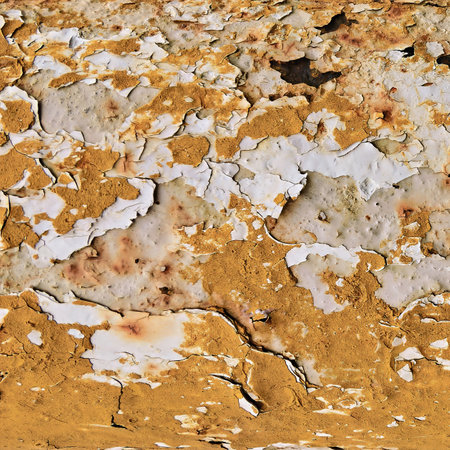 The surface of the metal pipe displays intricately peeling paint in various shades of white and...