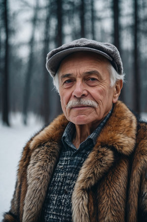 An elderly man with a gray mustache wears a furry coat and a cap while standing in a snowy forest, surrounded by tall trees on a cold winter afternoon. AI Generatedの素材