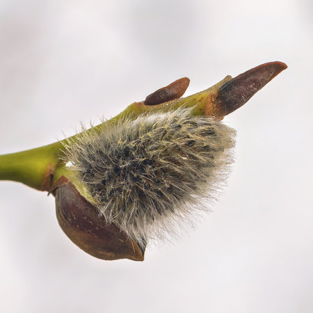 The bud of Salix caprea displays a soft, fluffy texture in early spring, symbolizing the awakening of nature as temperatures rise and daylight increases.の写真素材