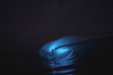 A luminous wave breaks gently in the ocean, casting a bright blue glow against the dark night. Stars twinkle above, creating a serene nighttime atmosphere. AI Generatedの素材