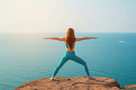 A woman in teal workout attire stands on a cliff, arms extended in a yoga pose, gazing at the tranquil ocean and bright sunset. The horizon reflects soft colors, creating a peaceful ambiance. AI Generatedの素材